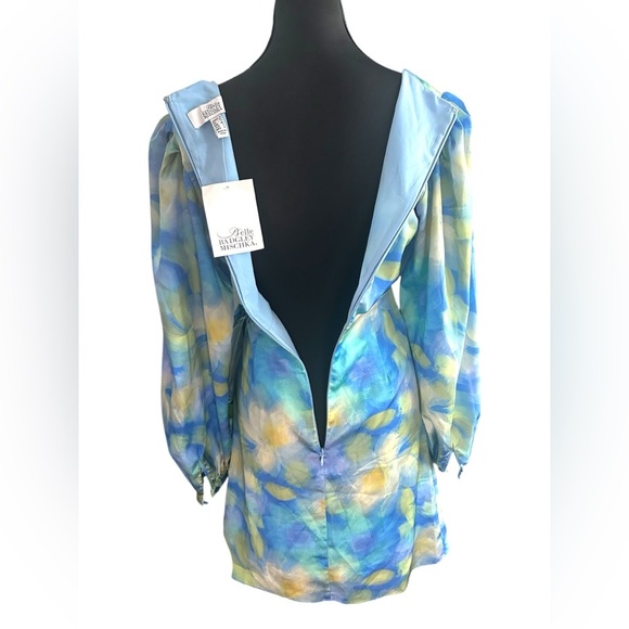 NWT Badgley Mischka Blue & Yellow Watercolor Long Sleeve Satiny Wrap Dress - Picture 8 of 10